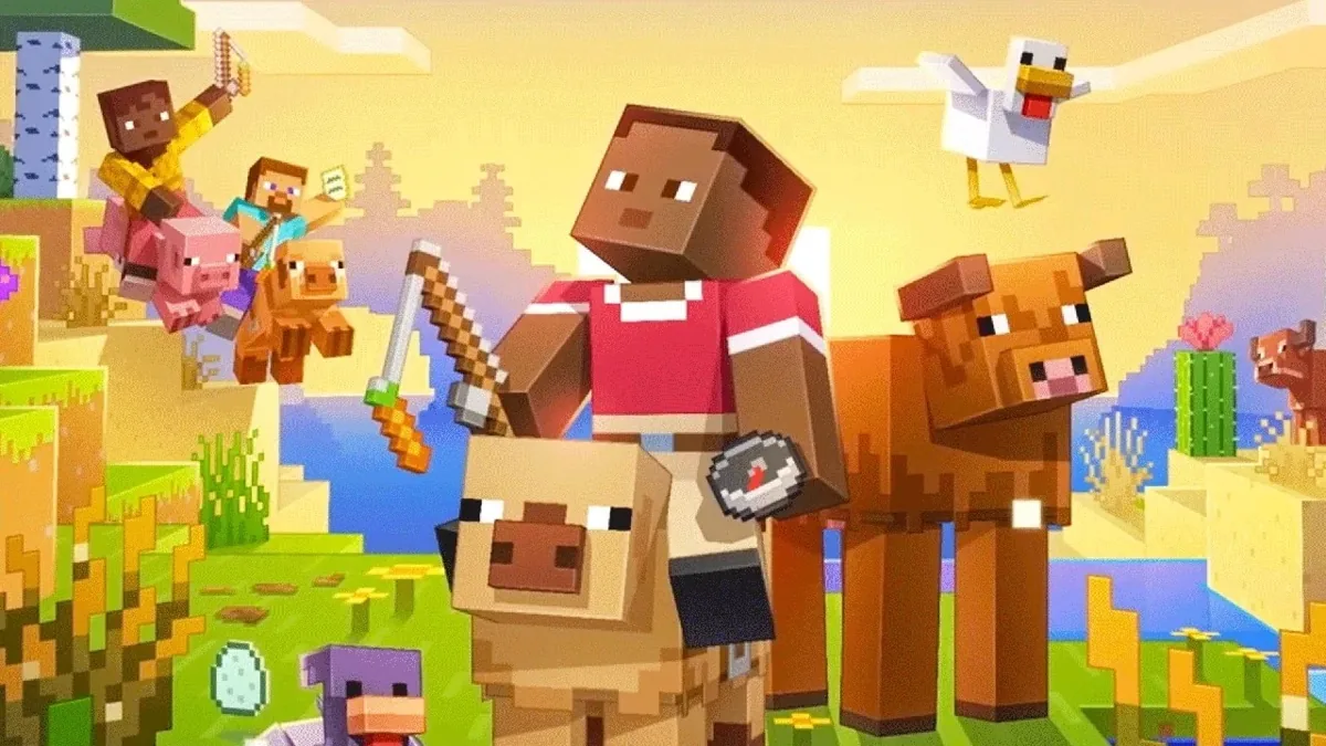 我的世界 Minecraft 玩家骑牛探索沙漠与草地生物群系