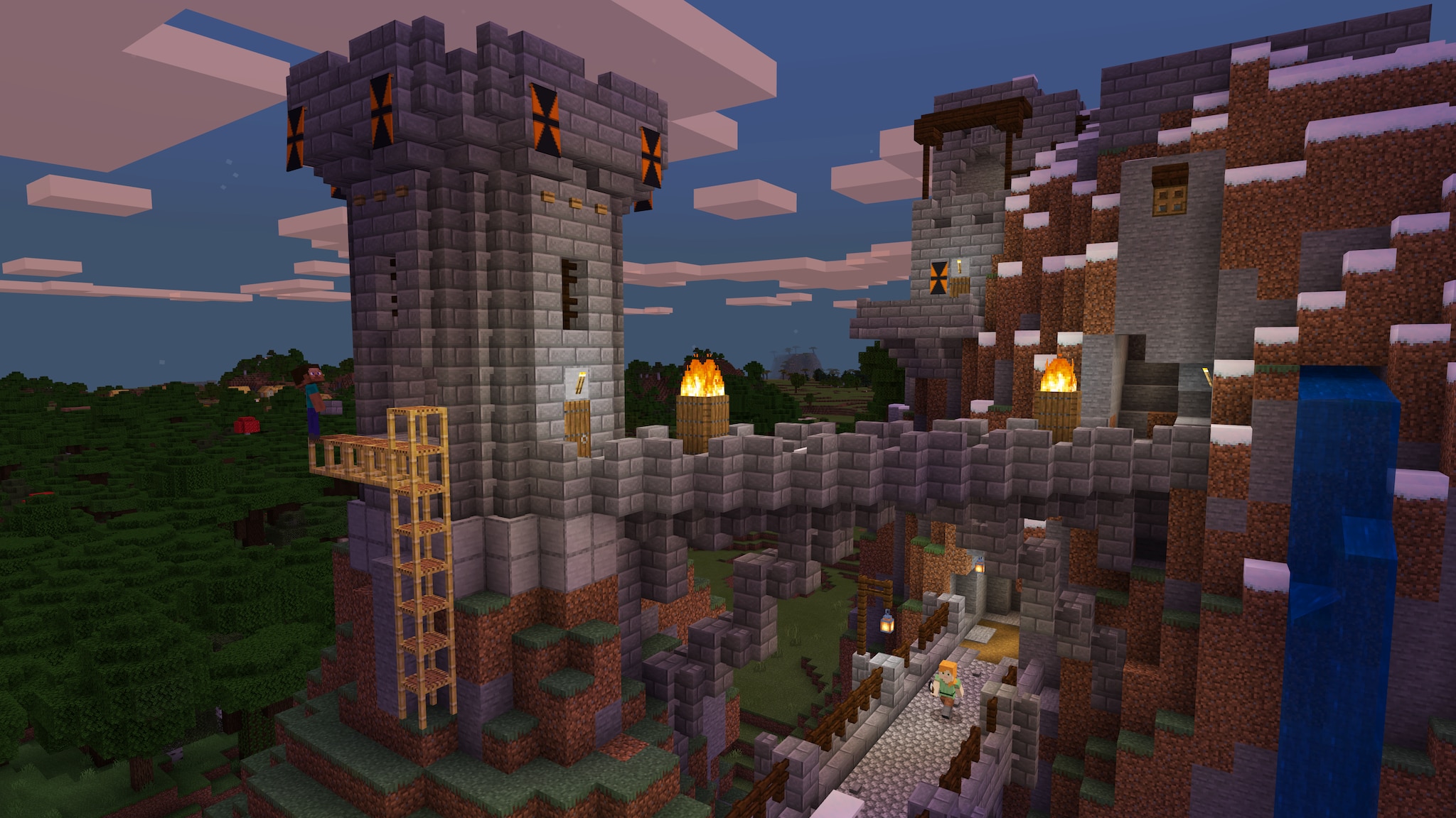 我的世界 Minecraft 玩家在山地建造石砖城堡和桥梁