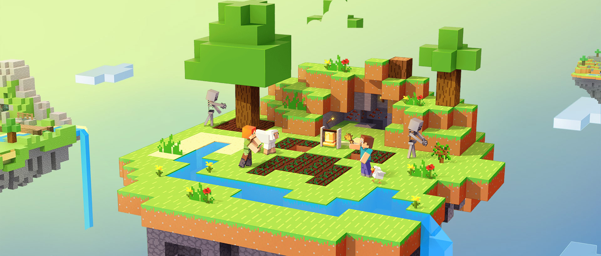 我的世界 Minecraft 浮空岛农田、树木、河道和角色合作场景