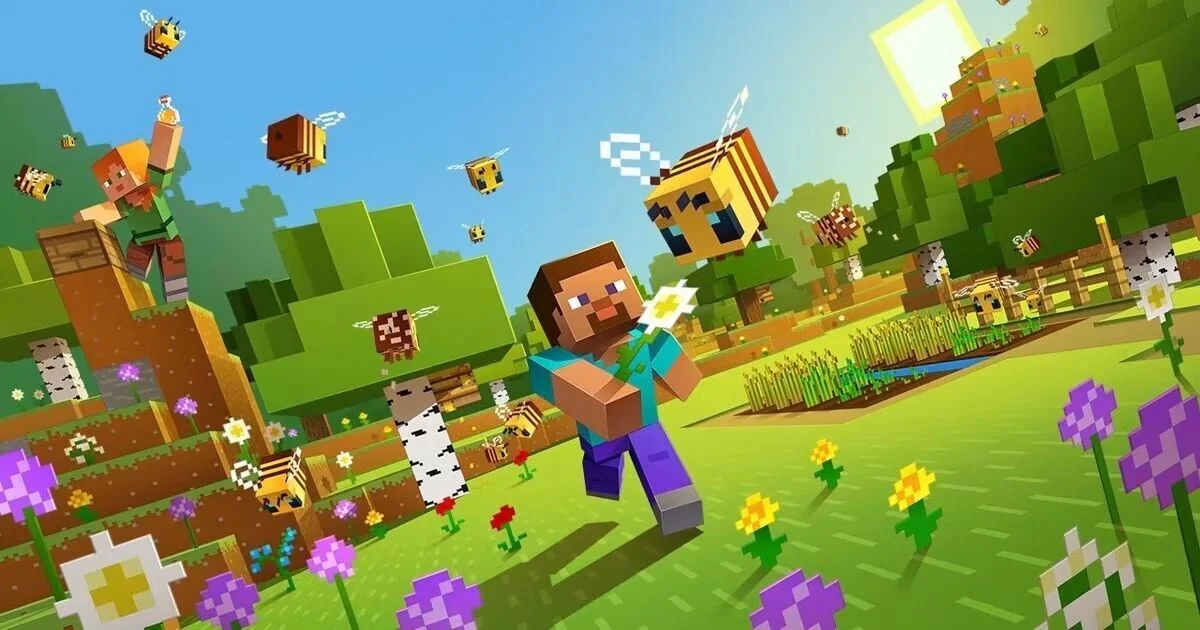 我的世界 Minecraft 草地农田、蜜蜂和玩家采集花朵的明亮场景