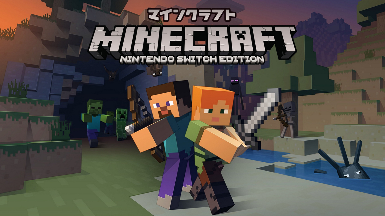 Minecraft Nintendo Switch Edition 史蒂夫和艾利克斯在夜色中面对敌对生物